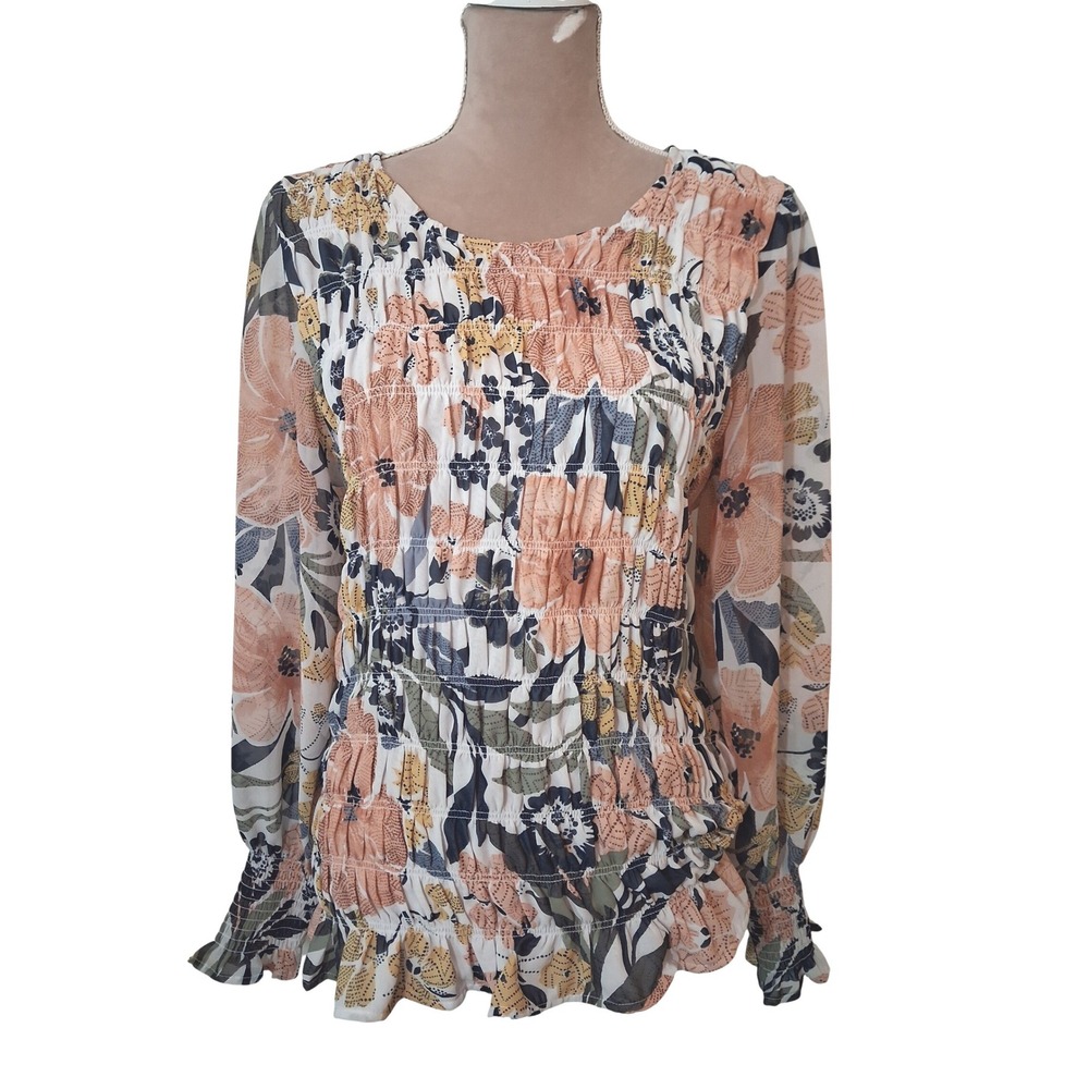 Maurices Floral Smocked Blouse XL Peach Navy Long Sleeve Ruffle Cuff Top